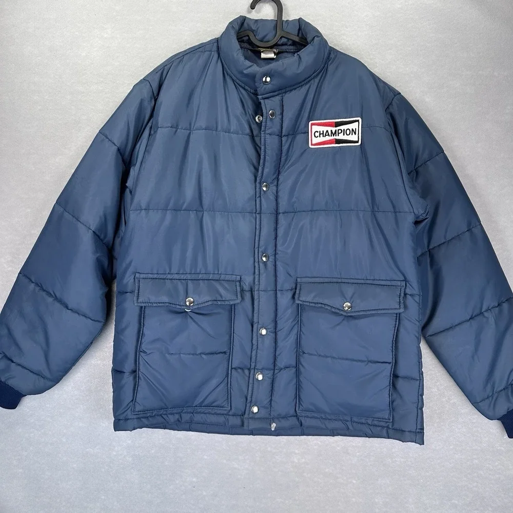Vtg 70s Champion Jacket L Spark Plugs Coat Official Racing Apparel Jacket Puffer